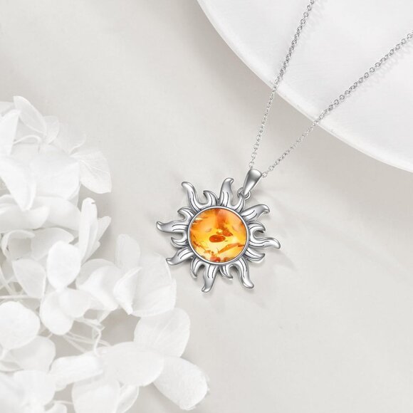 Sterling Silver Amber Sun Necklace for Women 13mm Protecting Jewelry Gift - Picture 4 of 7